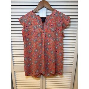 Willi Smith Womens Coral Floral Paisley V-Neck Cap Sleeve Blouse Top Small